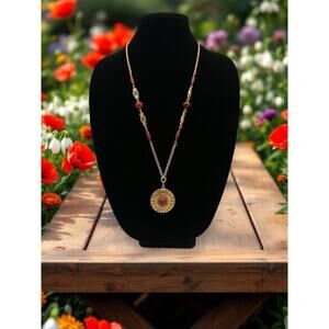 Vintage Sarah Coventry Safari Red Maroon Medallion Gold Tone Bead Necklace 1970s